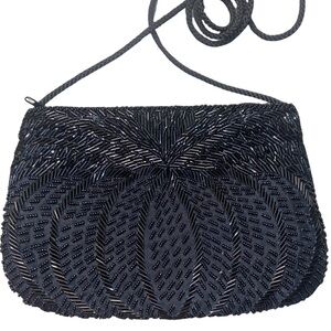 Vintage Black Beaded Evening Bag. Corded Strap Handmade. Prom, Mother of Bride